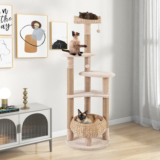 59 Inches Cat Tree with Perch and Soft Hammock for Indoor Cats-Beige - Tampa Home & Garden Store