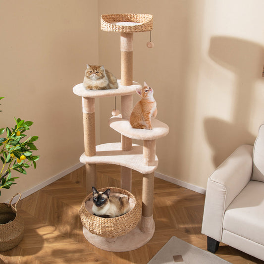 59 Inches Cat Tree with Perch and Soft Hammock for Indoor Cats-Beige - Tampa Home & Garden Store