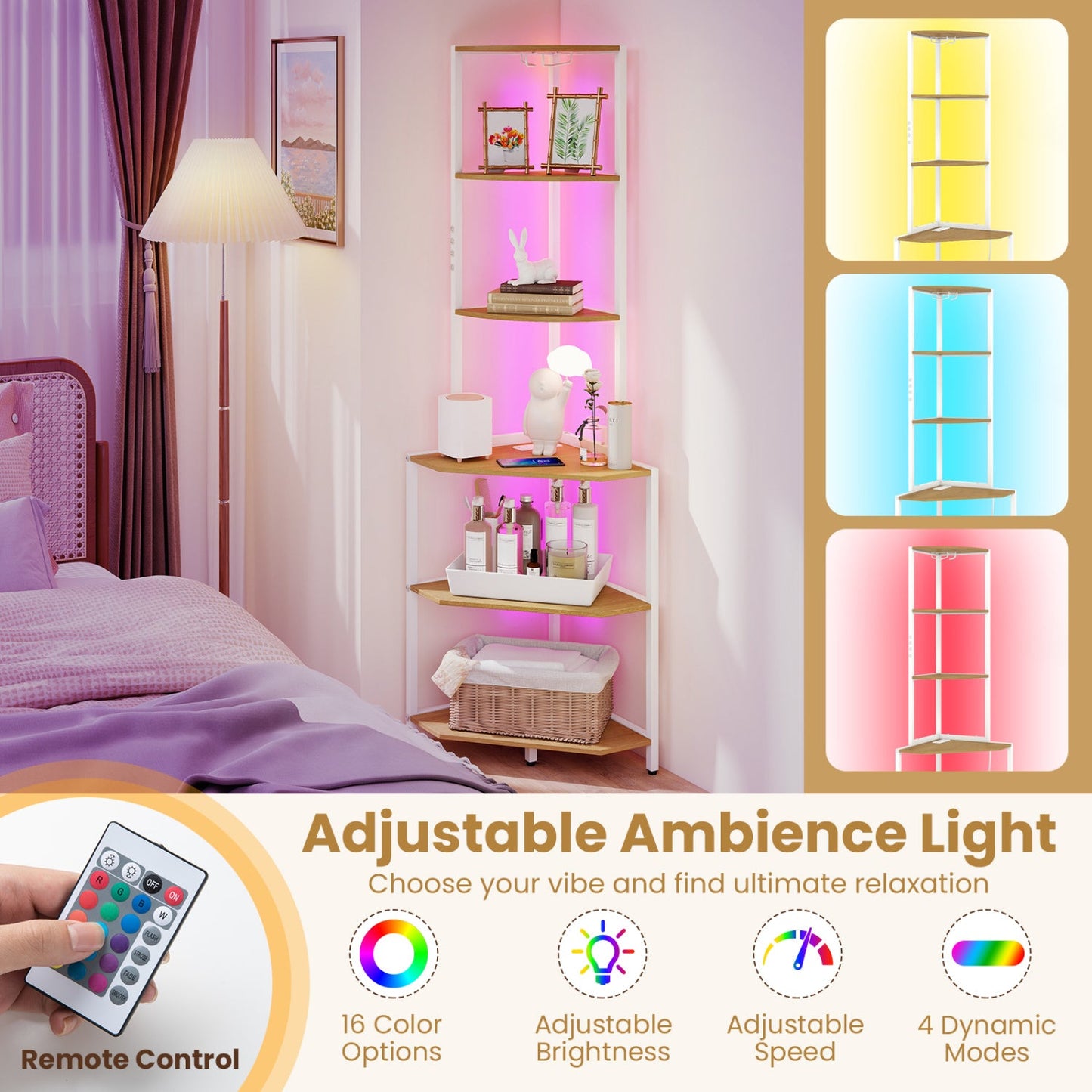 65 Inch Corner Shelf with Charging Station Light
