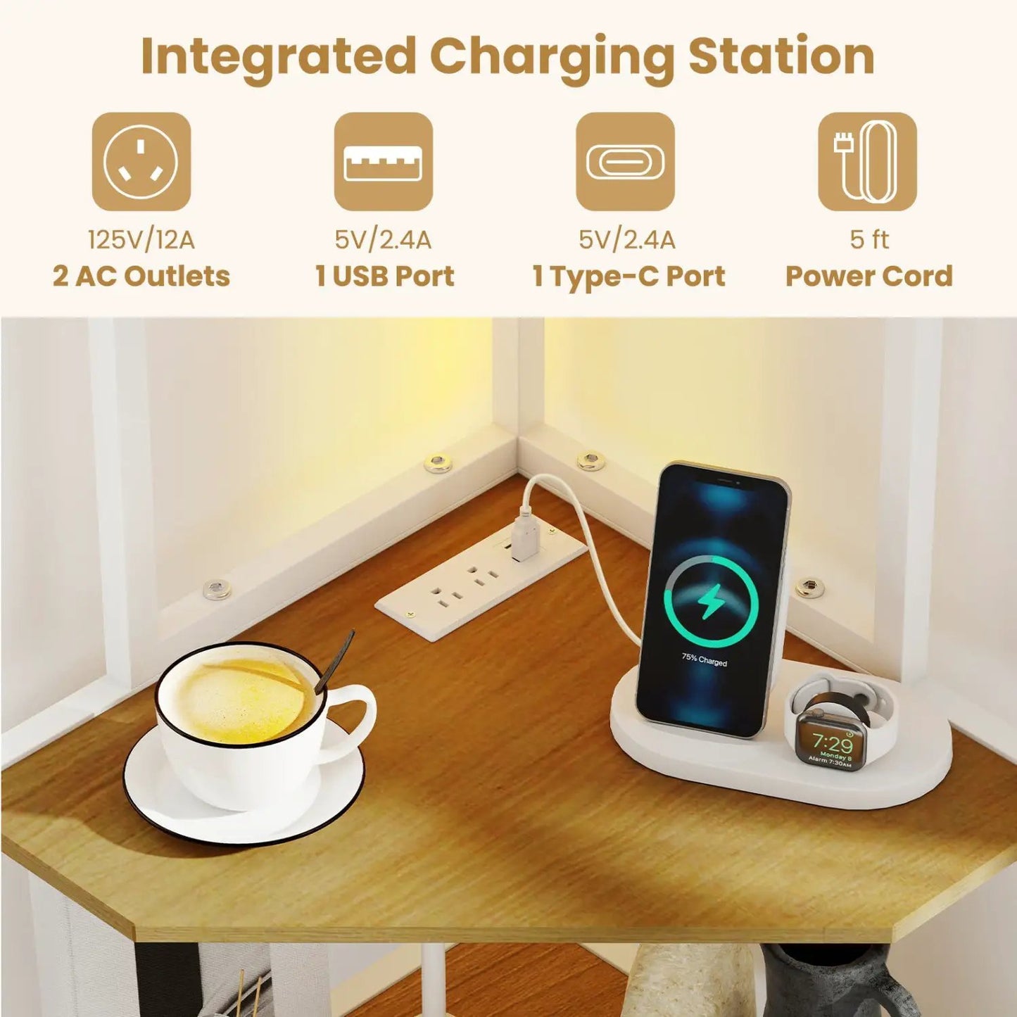 65 Inch Corner Shelf with Charging Station Light