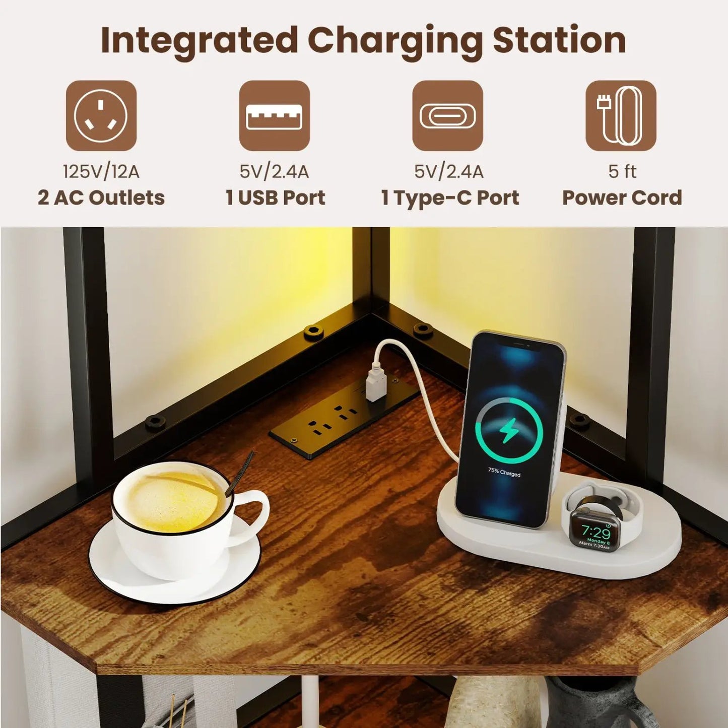 65 Inch Corner Shelf with Charging Station Light