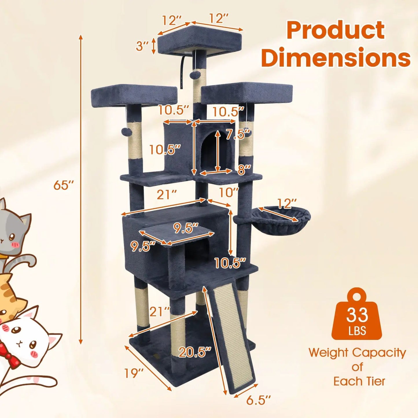 65 Inch Cat Tree Multi Level Perches and Condos