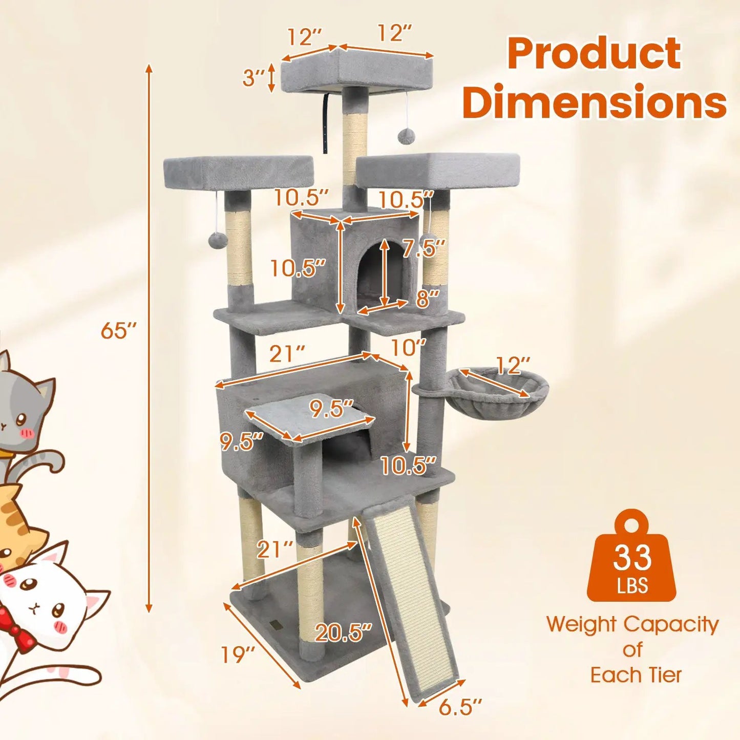 65 Inch Cat Tree Multi Level Perches and Condos