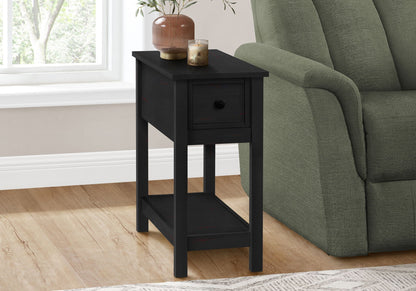 Accent End Table, 2-Tier narrow black wood with drawer beside a sofa; vase and candle on top on Tampa Home & Garden Store