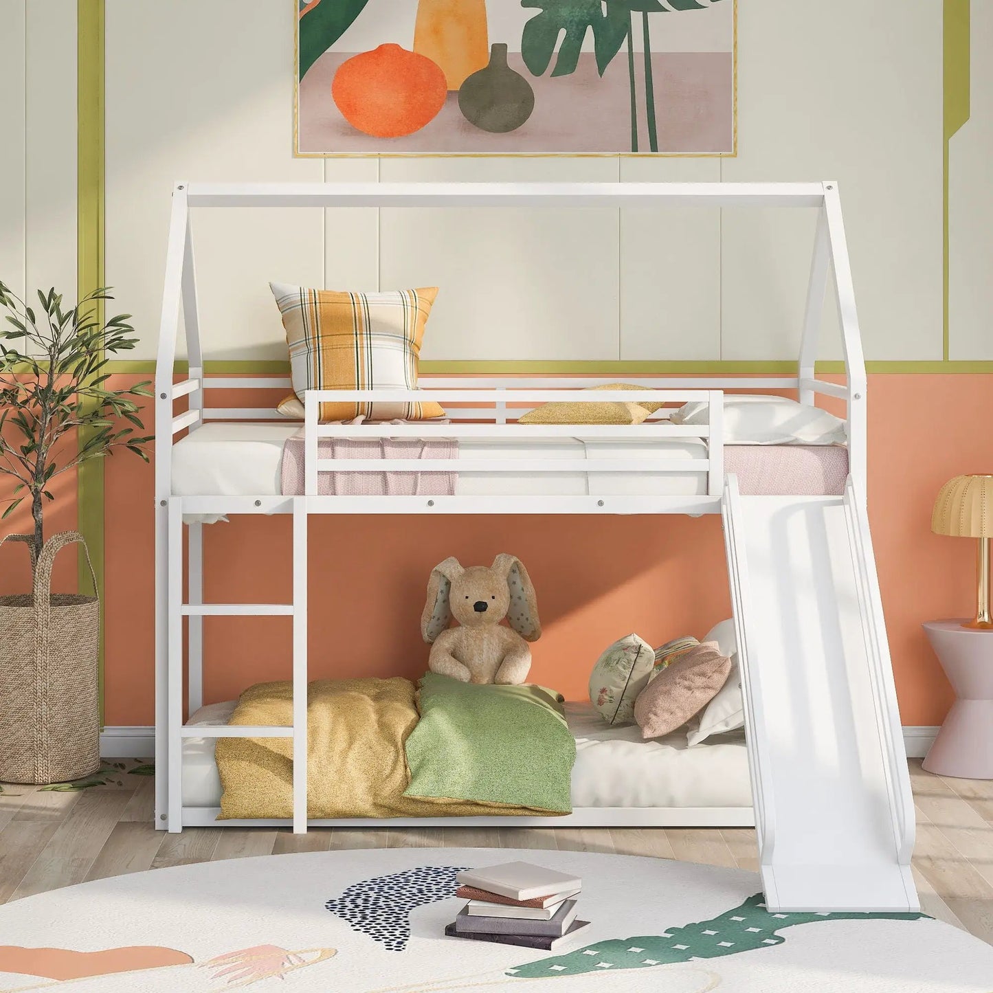 White twin-over-twin bunk bed with ladder in a pastel room with plaid cushion on Tampa Home & Garden Store