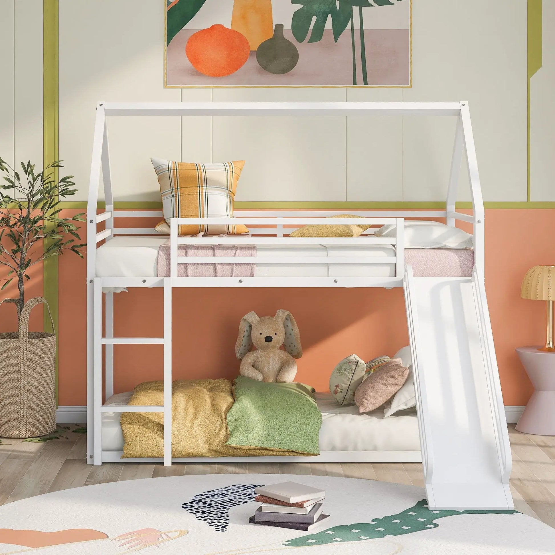 White twin-over-twin bunk bed with ladder in a pastel room with plaid cushion on Tampa Home & Garden Store