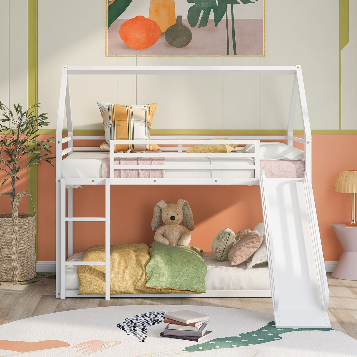 Twin over twin bunk bed with white finish, ladder and slide, house-style frame by HouseOfZazla on Tampa Home & Garden Store