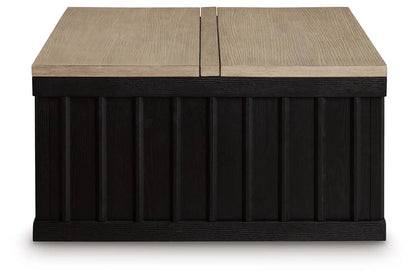 Rylandyn lift top cocktail table, black paneled base with light brown woodgrain lift-top on Tampa Home & Garden Store