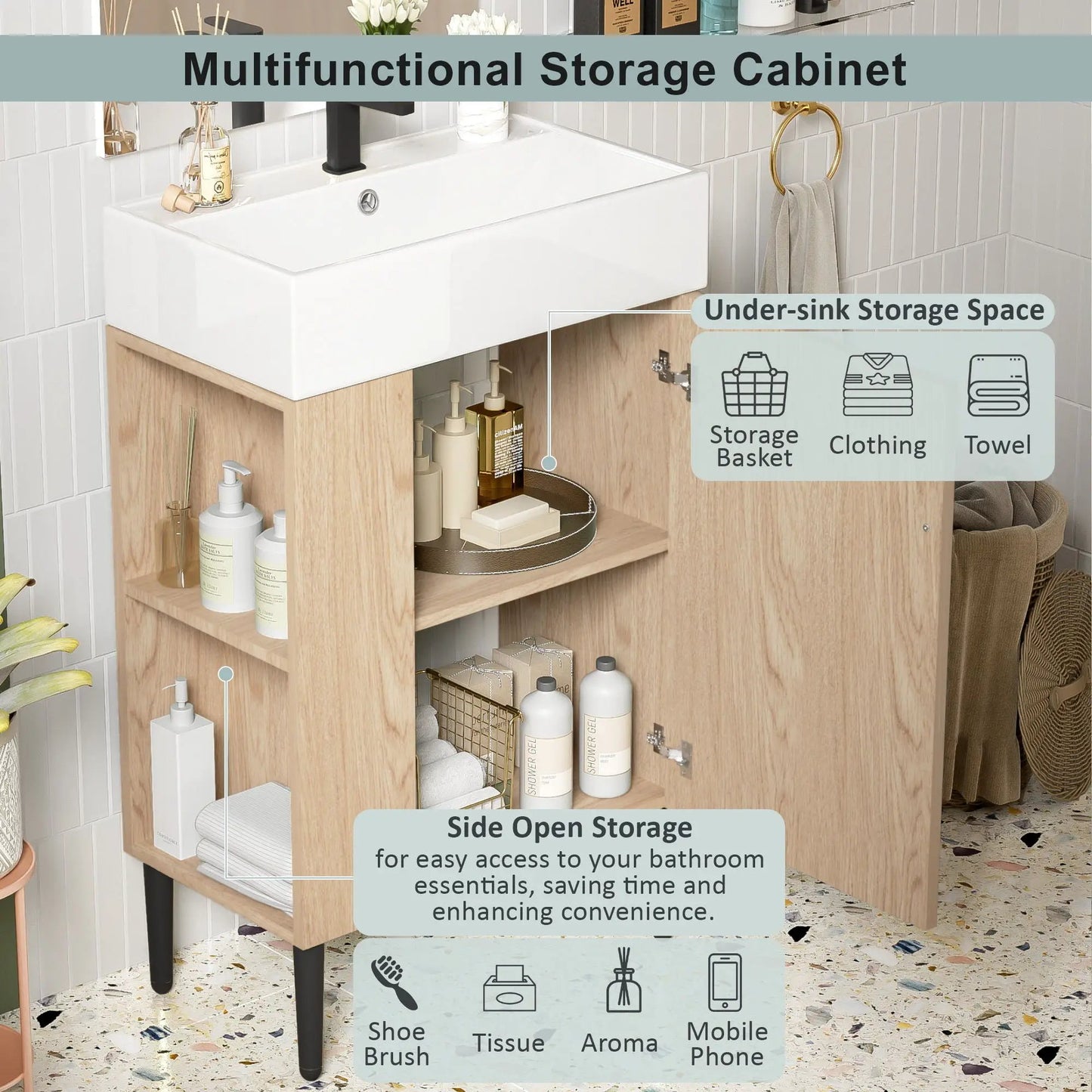 Bathroom Vanity Combo Cabinet with white ceramic sink and light wood base on Tampa Home & Garden Store