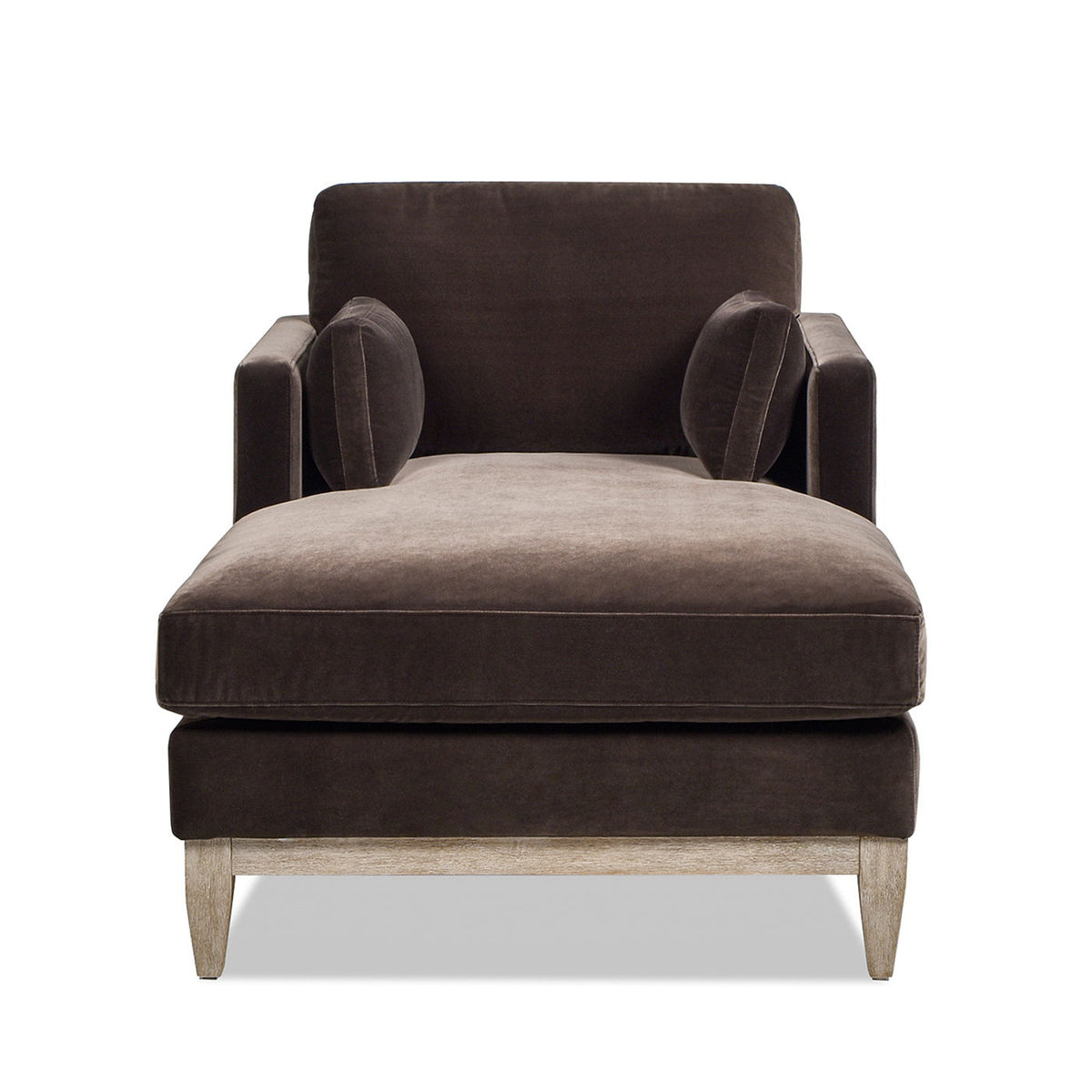 Modern farmhouse velvet chaise lounge chair with removable cushions and light wood legs on Tampa Home & Garden Store