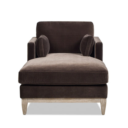 Modern farmhouse velvet chaise lounge chair with removable cushions and light wood legs on Tampa Home & Garden Store