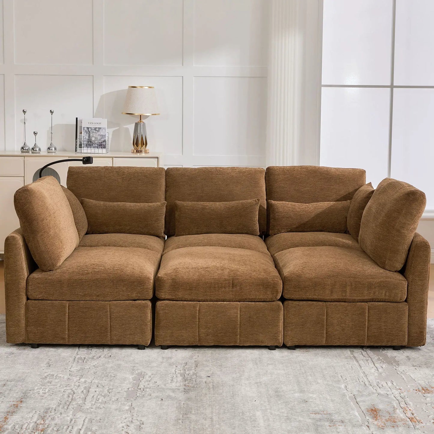 Modern modular U-shaped sofa bed with movable ottoman and USB ports in brown fabric 2-piece on Tampa Home & Garden Store