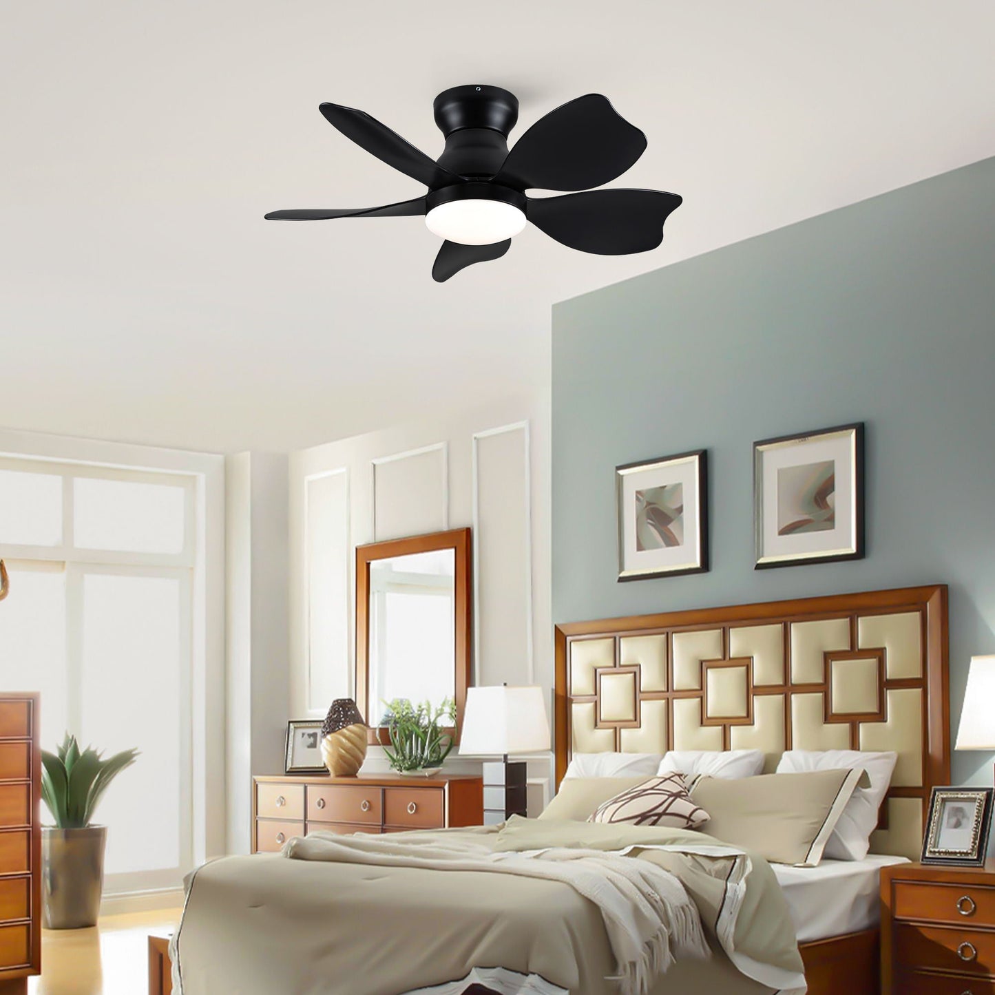 Low Profile Flush Mount Ceiling Fan With Light black blades HouseOfZazla bedroom on Tampa Home & Garden Store