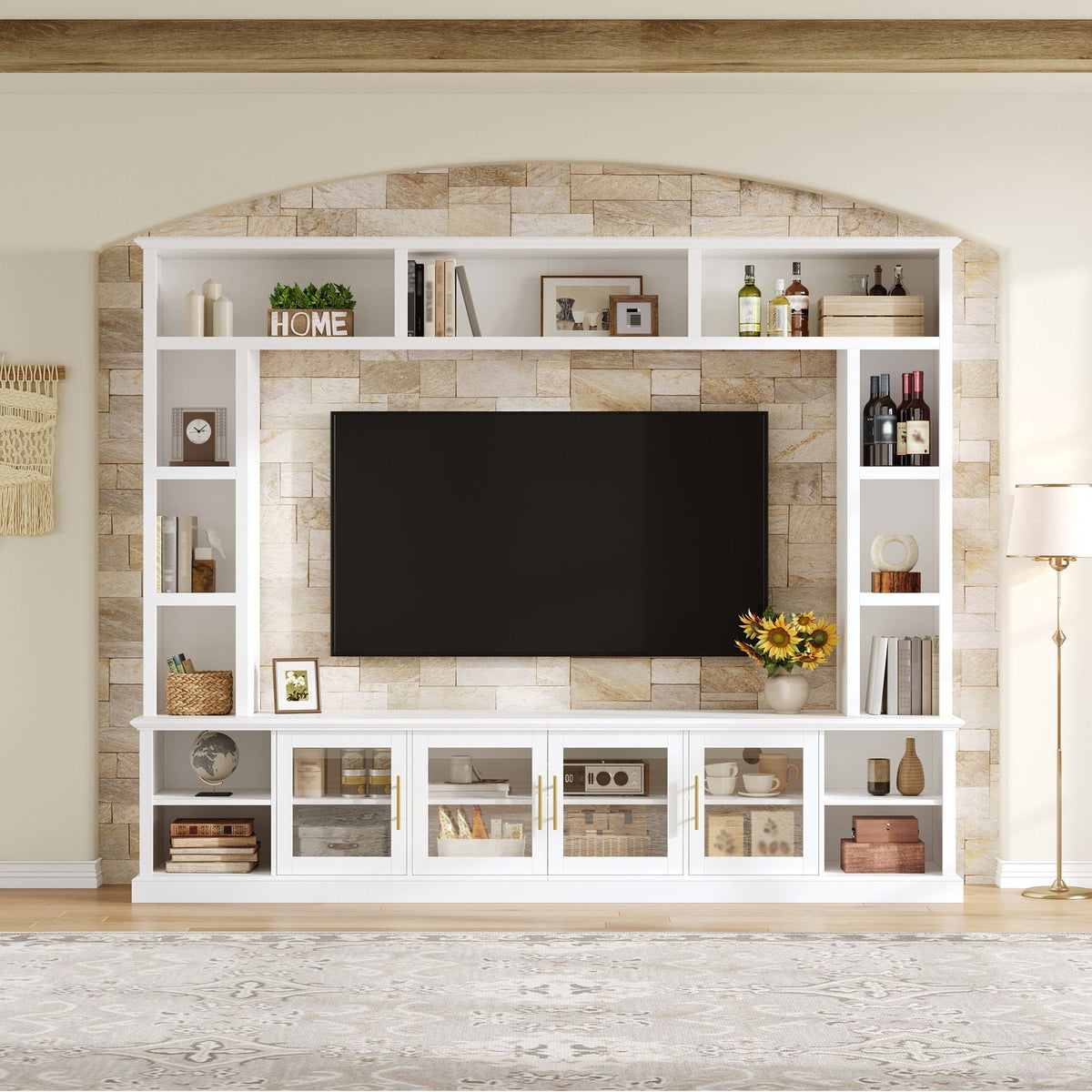 All-In-One Entertainment Center in white with tempered glass doors and open shelving on Tampa Home & Garden Store