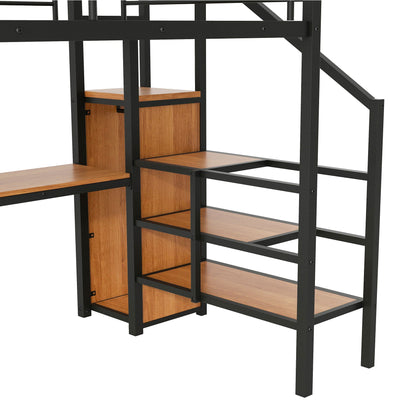 Loft bed with desk, storage stairs, wardrobe and LED light, black metal frame with wood accents on Tampa Home & Garden Store