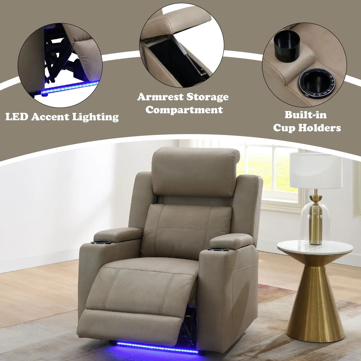 Lugo Power Motion Recliner and Cup Holder Camel