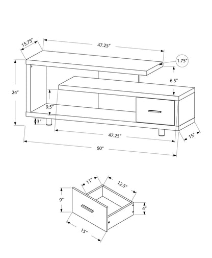 TV stand blueprint with detailed dimensions and storage drawer layout on Tampa Home & Garden Store