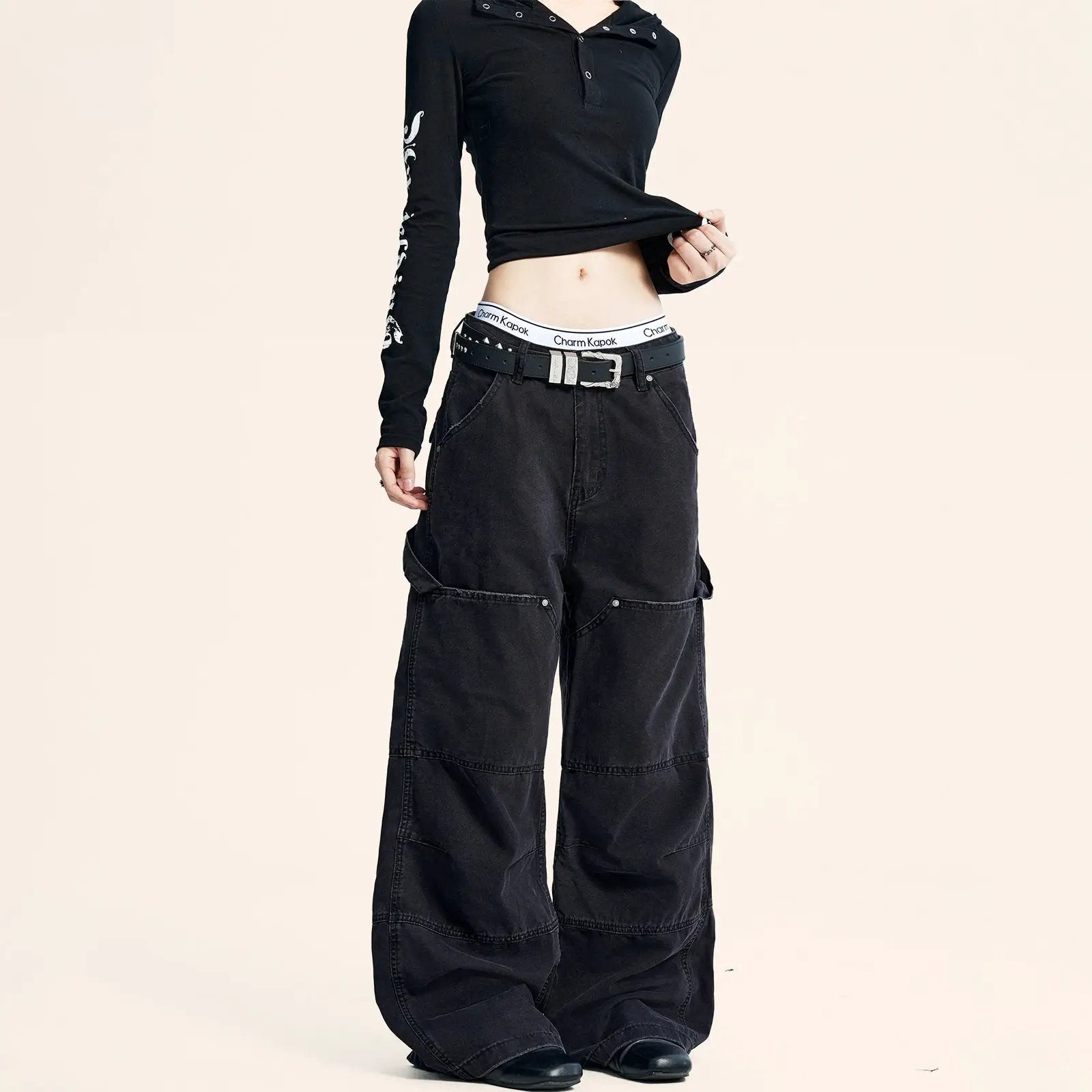 Womens black denim cargo jeans retro American workwear style with studded belt FLIPSTYLEZLLC on Tampa Home & Garden Store