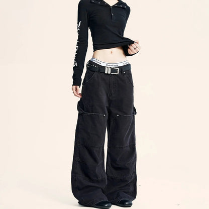 Womens black denim cargo jeans retro American workwear style with studded belt FLIPSTYLEZLLC on Tampa Home & Garden Store