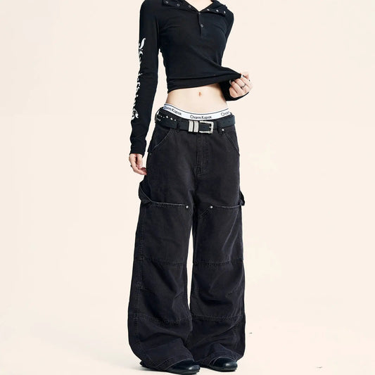 Womens black denim cargo jeans retro American workwear style with studded belt FLIPSTYLEZLLC on Tampa Home & Garden Store