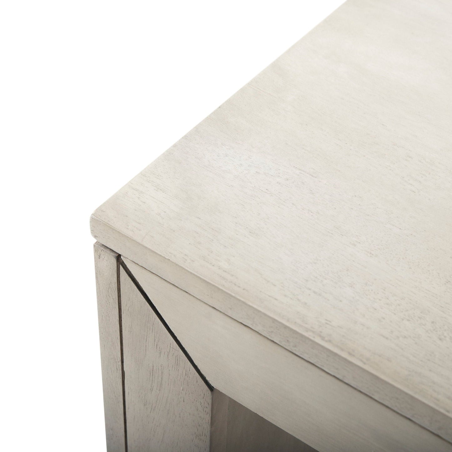 Acacia wood outdoor dining bench, farmhouse style, whitewashed finish with paneled corner on Tampa Home & Garden Store