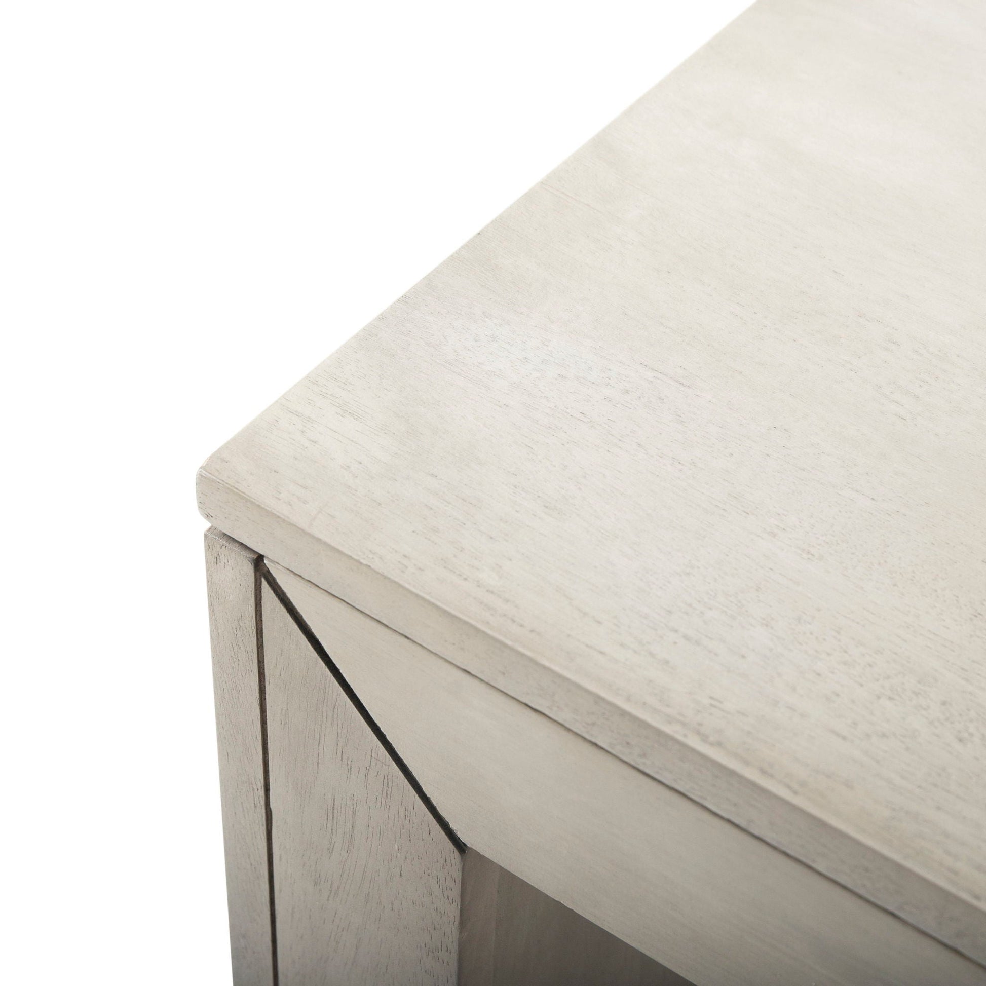 Acacia wood outdoor dining bench, farmhouse style, whitewashed finish with paneled corner on Tampa Home & Garden Store