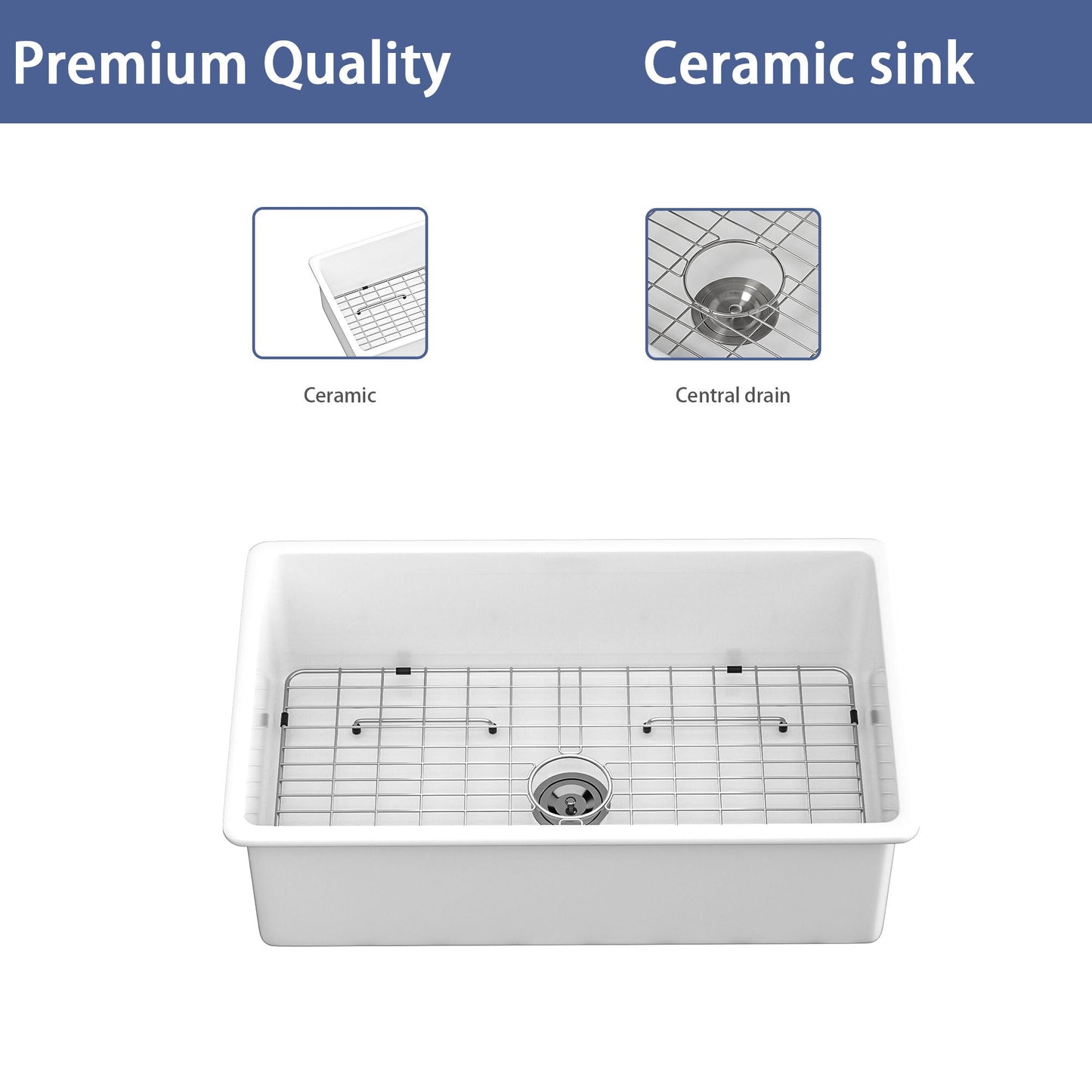White ceramic farmhouse apron-front single-bowl sink with metal grid rack by HouseOfZazla on Tampa Home & Garden Store