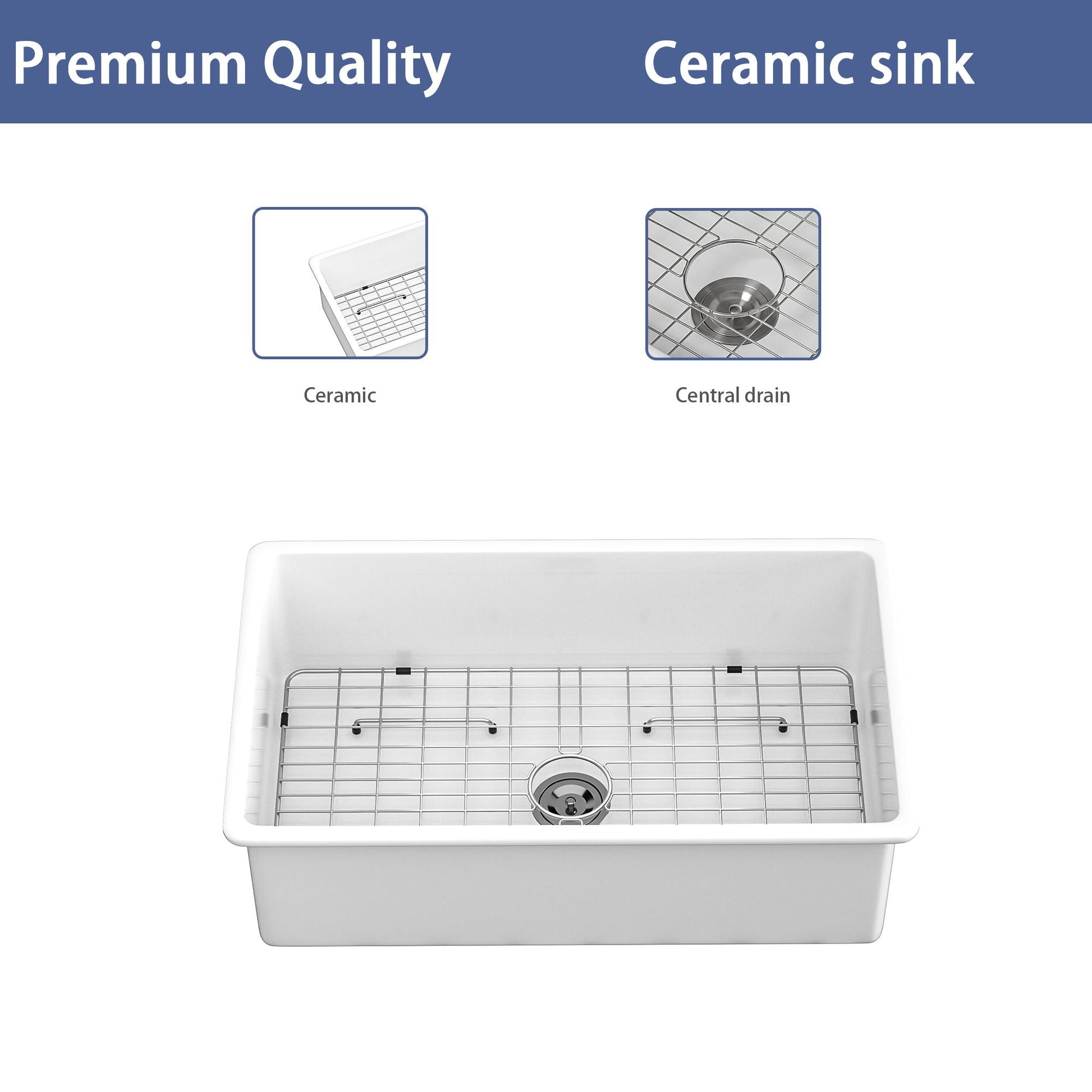 White ceramic farmhouse apron-front single-bowl sink with metal grid rack by HouseOfZazla on Tampa Home & Garden Store