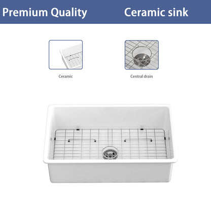 White ceramic farmhouse apron-front single-bowl sink with metal grid rack by HouseOfZazla on Tampa Home & Garden Store
