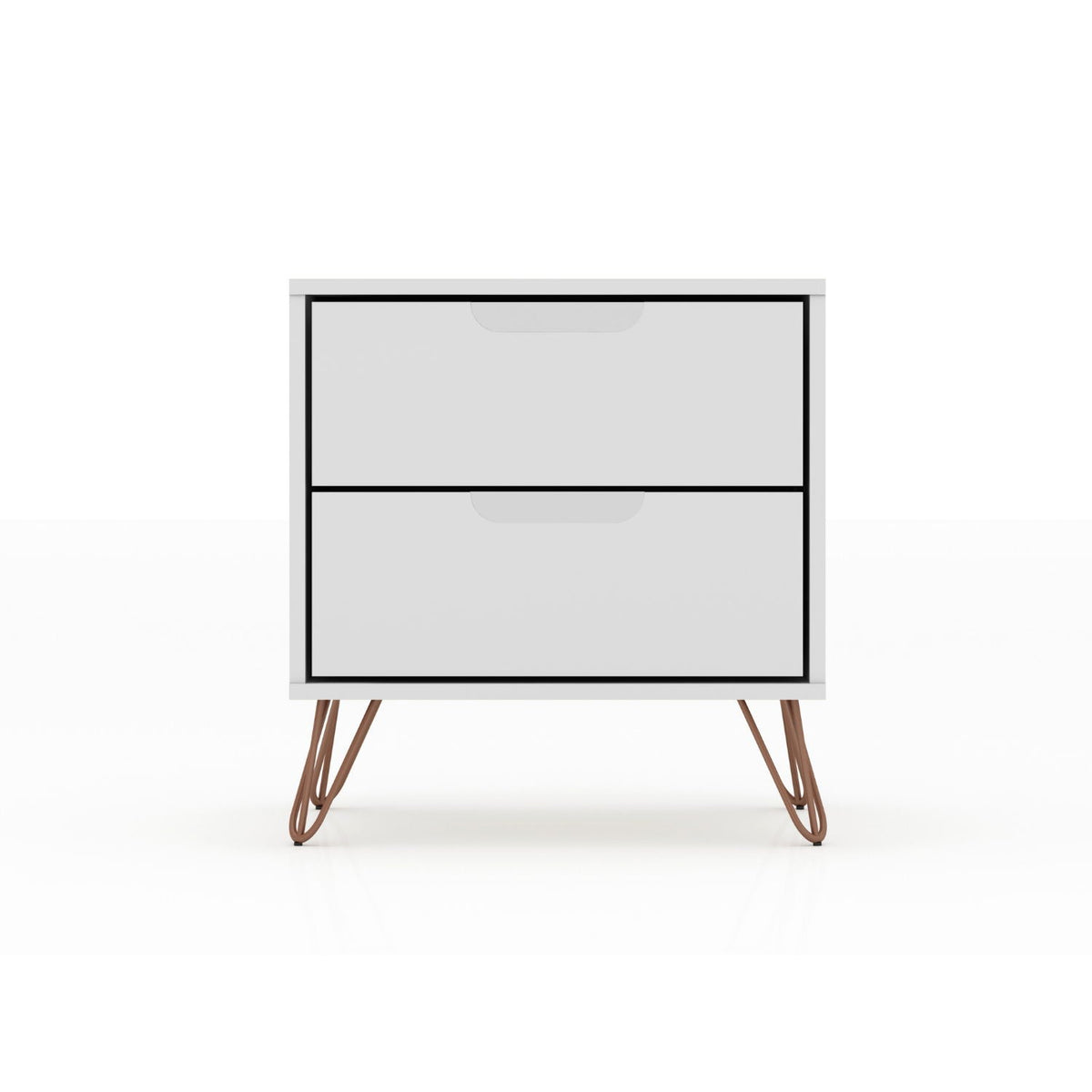 White two-drawer accent nightstand with black trim and wooden hairpin legs HouseOfZazla on Tampa Home & Garden Store