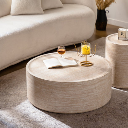 Two 31.5in Mars-pattern round coffee tables in beige stone finish by HouseOfZazla on Tampa Home & Garden Store