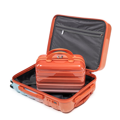 2 Piece PC Spinner Luggage Set gradient orange exterior with lock, open interior shows gray mesh pockets on Tampa Home & Garden Store