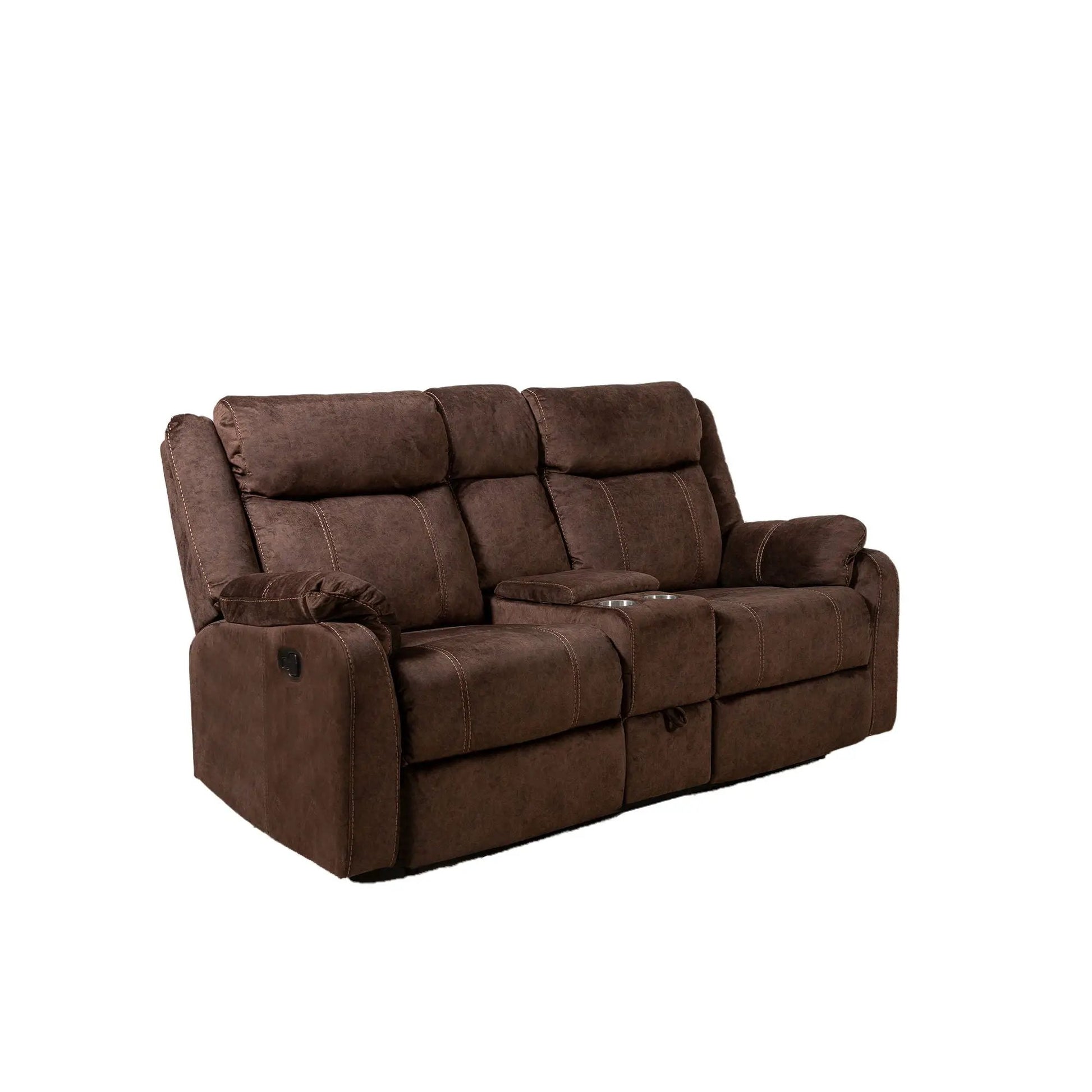 Sonet Domino reclining loveseat in brown fabric with center console and cup holders on Tampa Home & Garden Store