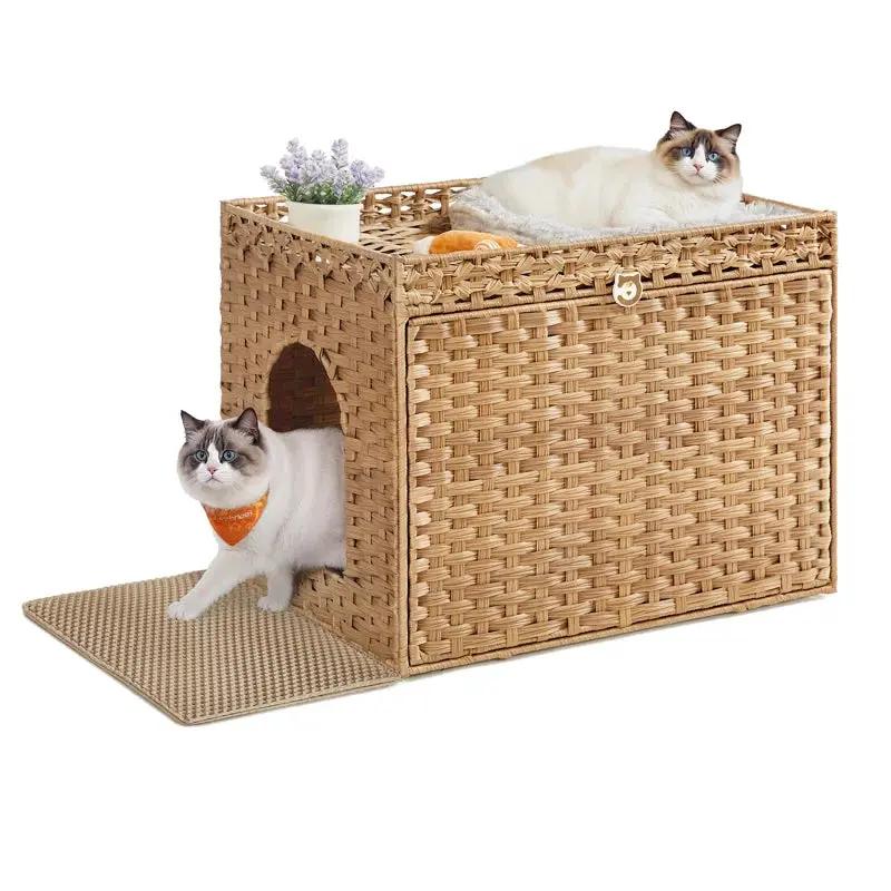 Handwoven rattan cat litter box cabinet with washable tray, two cats visible on Tampa Home & Garden Store