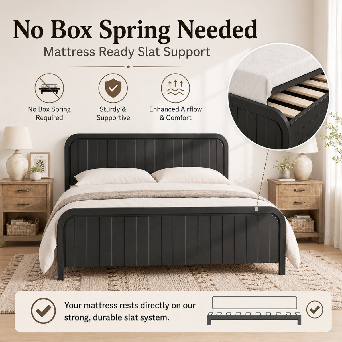 King bed frame with headboard in black, slatted foundation and sturdy rails by HouseOfZazla on Tampa Home & Garden Store