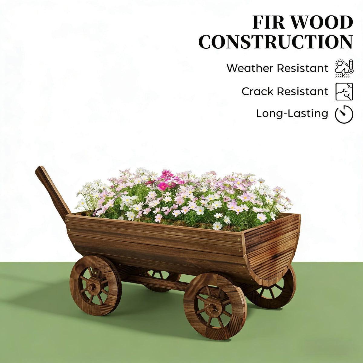 Small wooden wheelbarrow planter filled with pink and white daisies on Tampa Home & Garden Store