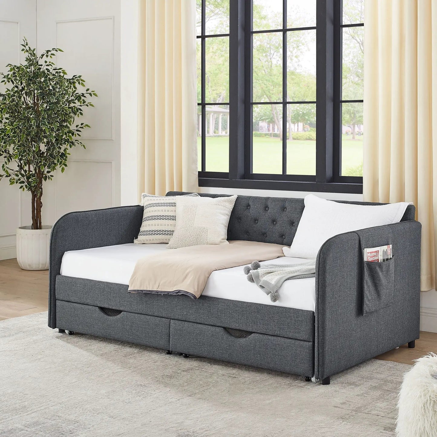 Daybed With Trundle and Storage Drawers Flat Arms