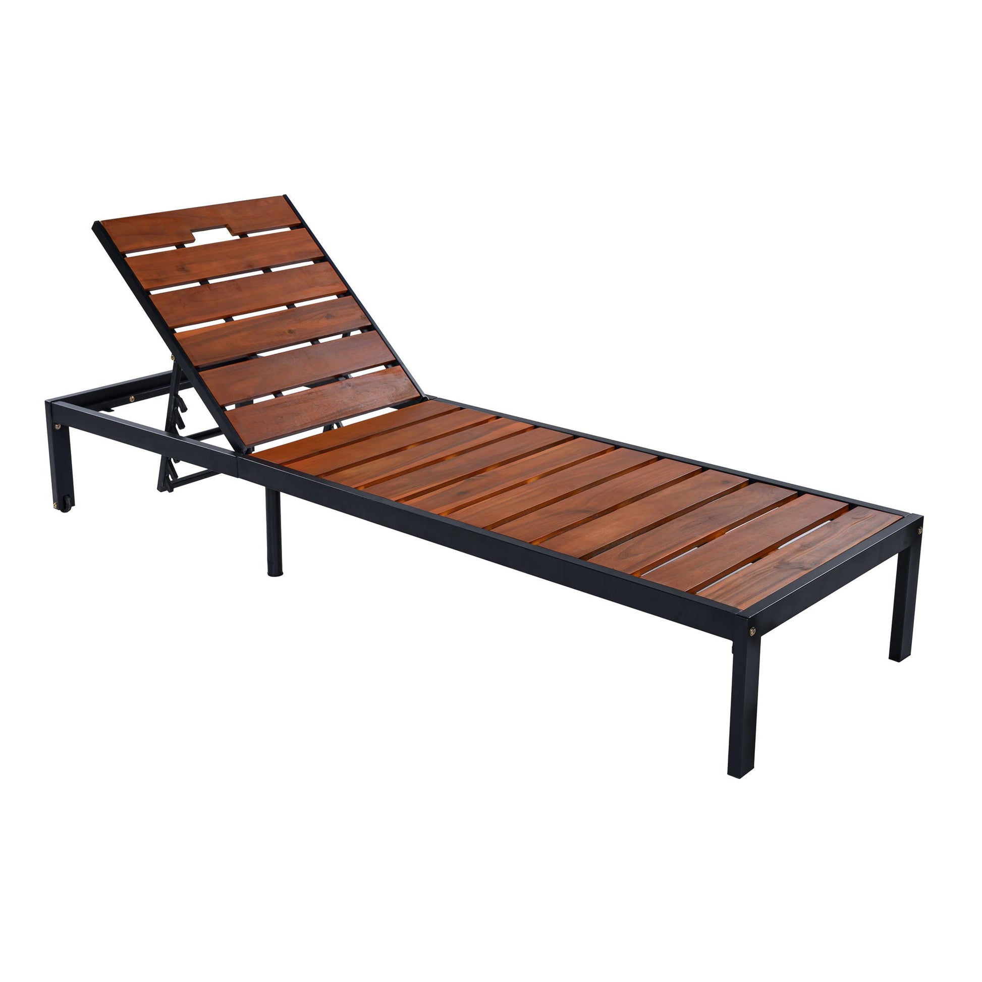 Outdoor chaise with adjustable backrest, brown wooden slats on a black metal frame on Tampa Home & Garden Store