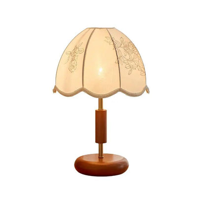 French retro oak solid wood fabric table lamp with cream shade and floral embroidery on Tampa Home & Garden Store