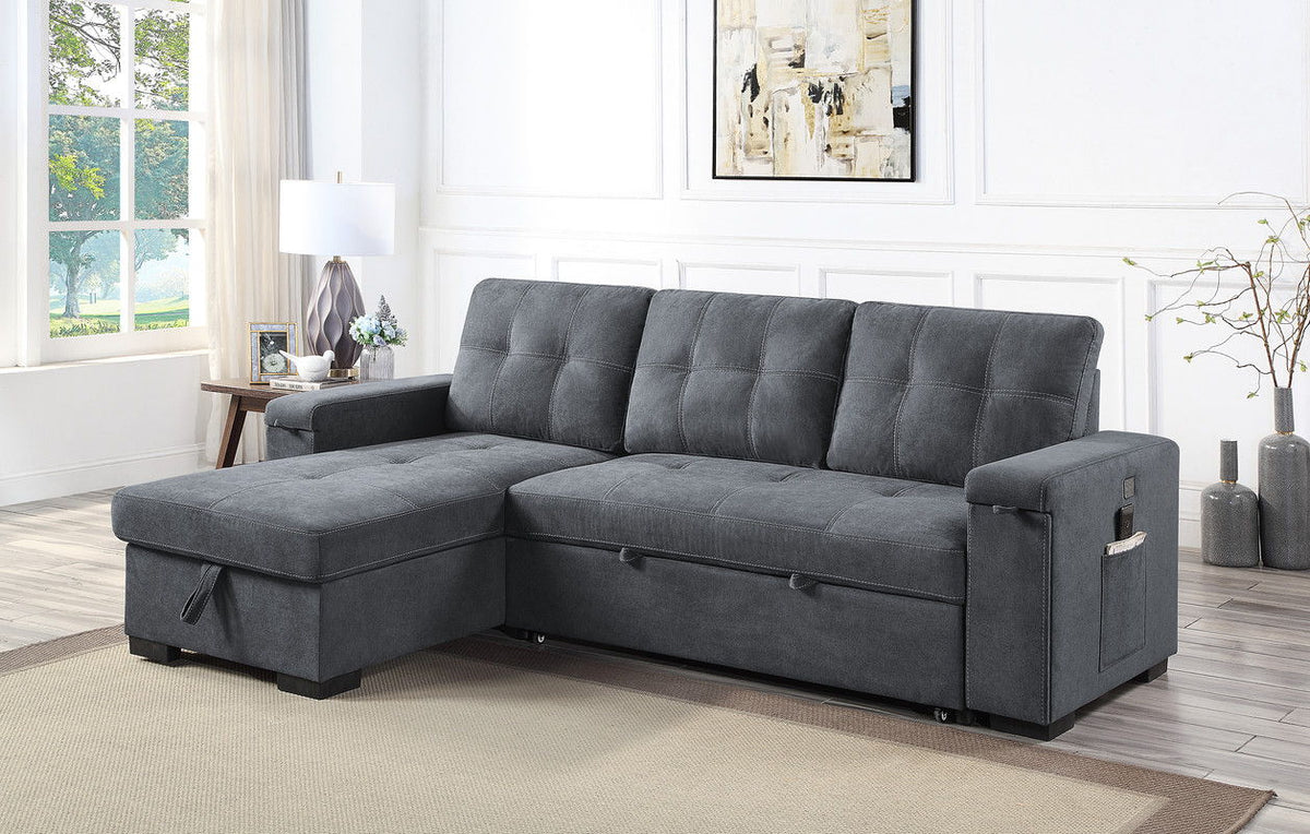 Toby Woven Fabric Reversible Sleeper Sectional Sofa in charcoal gray with storage chaise on Tampa Home & Garden Store