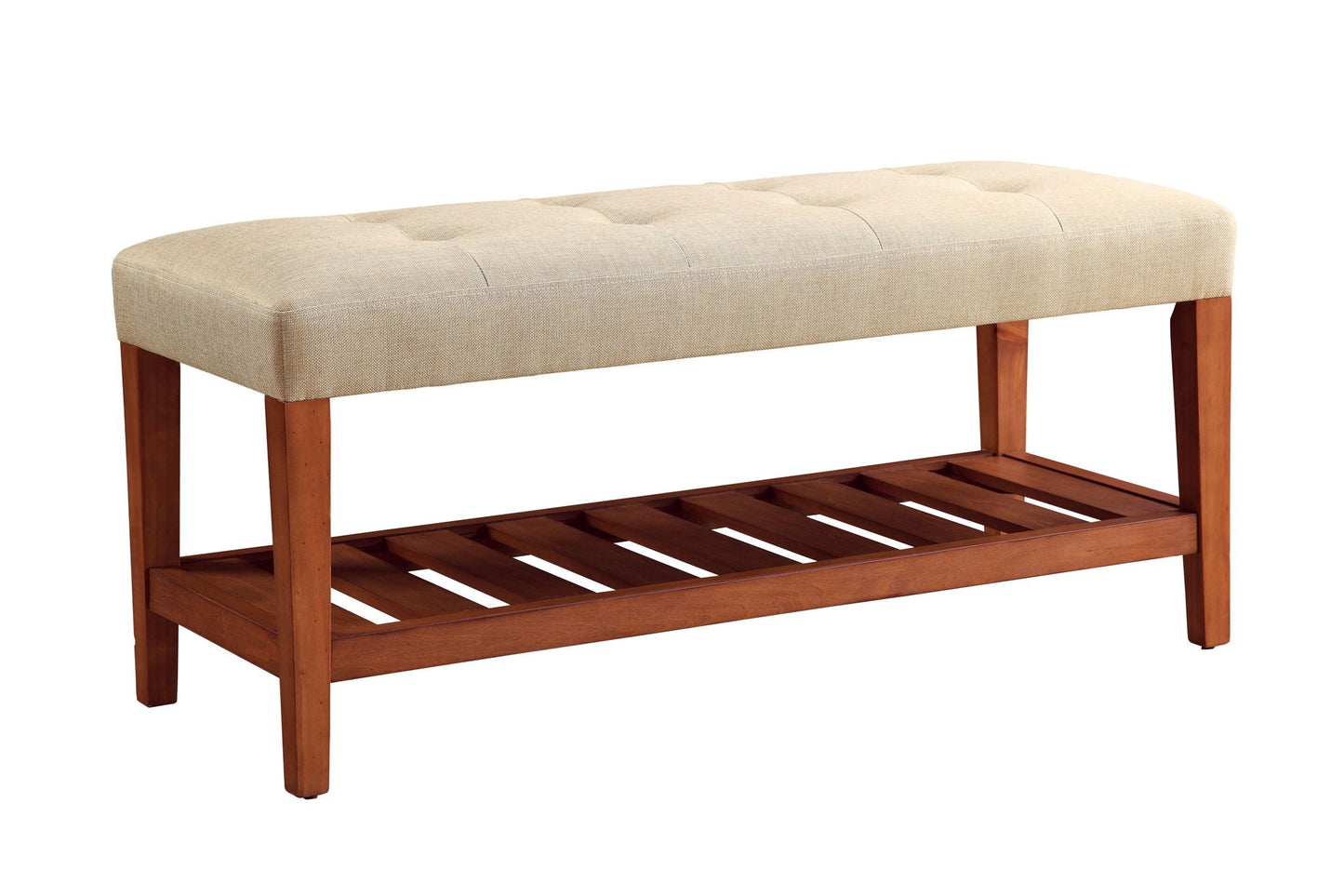 Charla Upholstered Bench beige linen fabric tufted seat with wood legs HouseOfZazla on Tampa Home & Garden Store
