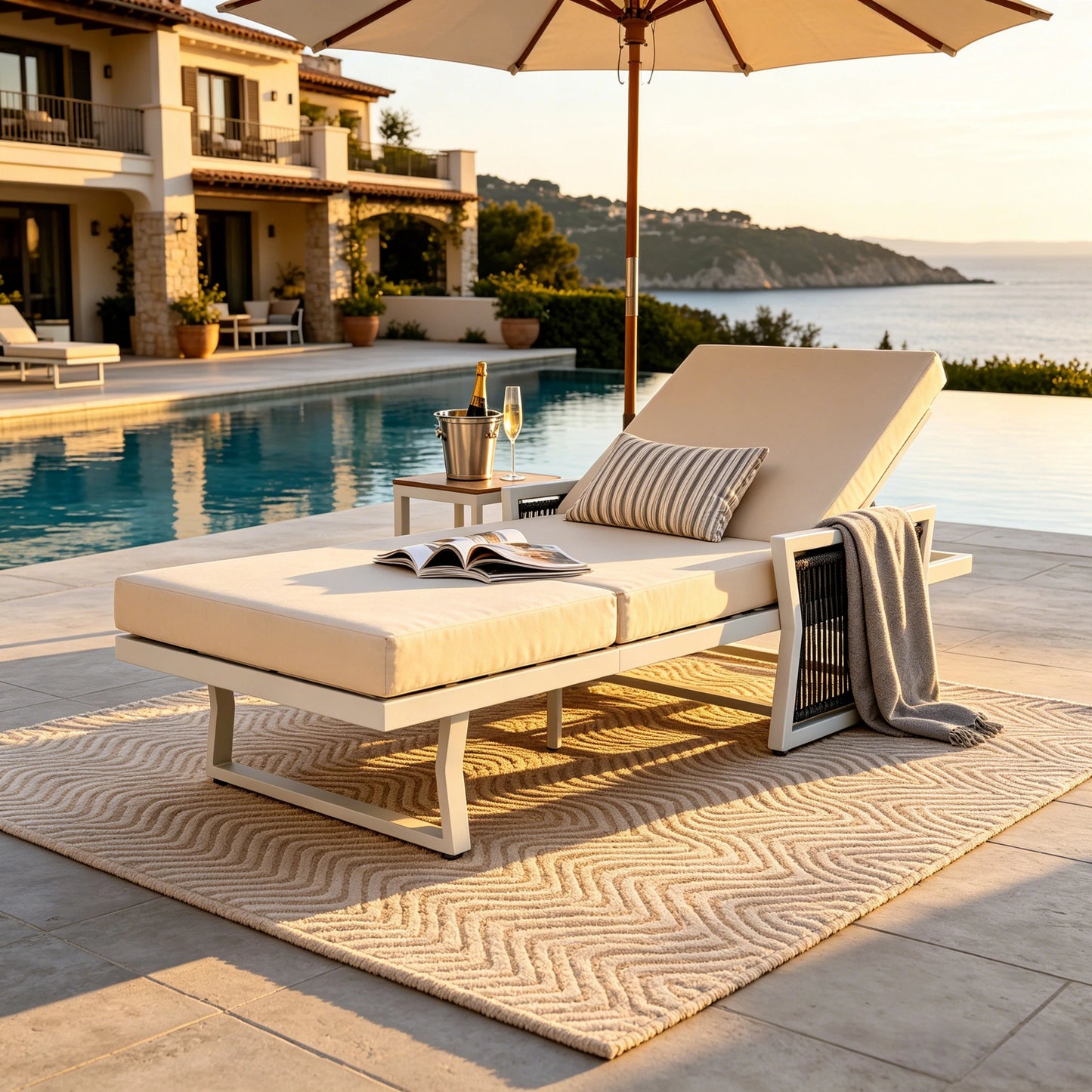White Iron Outdoor Chaise Lounge and Cushion