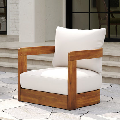 Premium Acacia Wood Outdoor Club Chair with white cushions and wood frame on a stone patio on Tampa Home & Garden Store