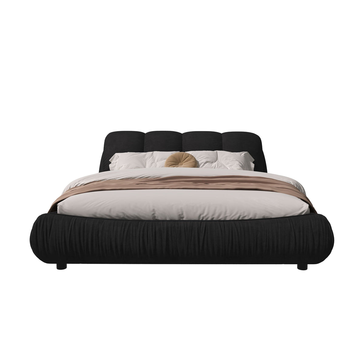 Luxury upholstered platform bed with oversized padded backrest in black fabric solid wood frame on Tampa Home & Garden Store