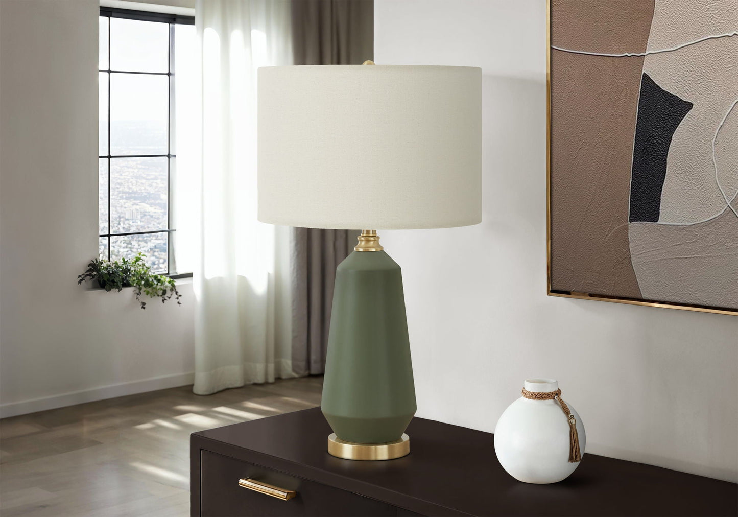 Contemporary green ceramic table lamp with ivory linen shade by HouseOfZazla, brass base accent on Tampa Home & Garden Store