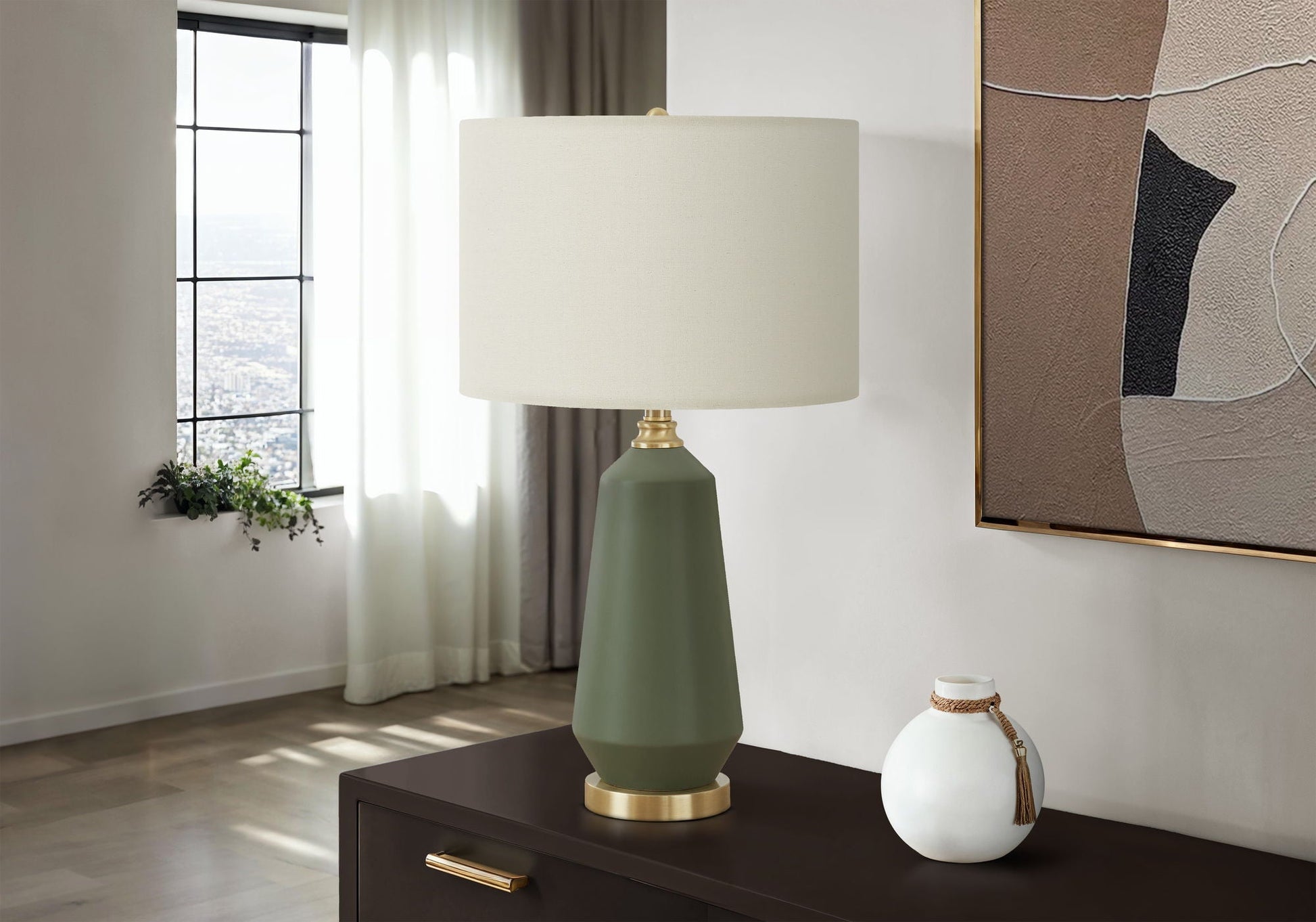 Contemporary green ceramic table lamp with ivory linen shade by HouseOfZazla, brass base accent on Tampa Home & Garden Store
