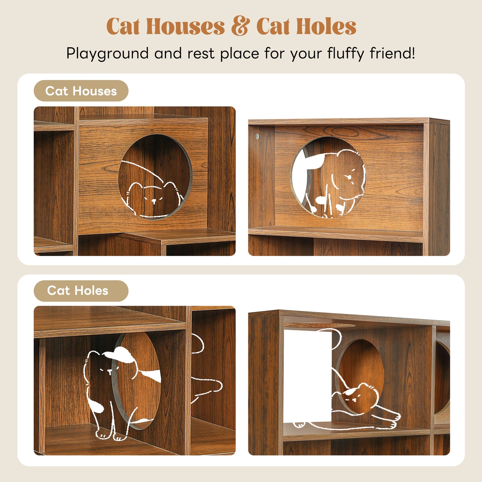 Modern 2 in 1 Wood Bookshelf Cat House pair in warm brown wood with circular cat holes on Tampa Home & Garden Store