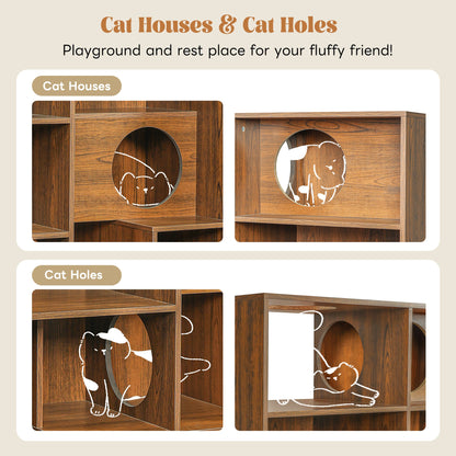 Modern 2 in 1 Wood Bookshelf Cat House pair in warm brown wood with circular cat holes on Tampa Home & Garden Store