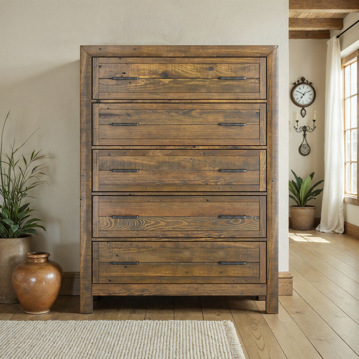 5-drawer solid wood accent chest in brown with dark metal handles on Tampa Home & Garden Store