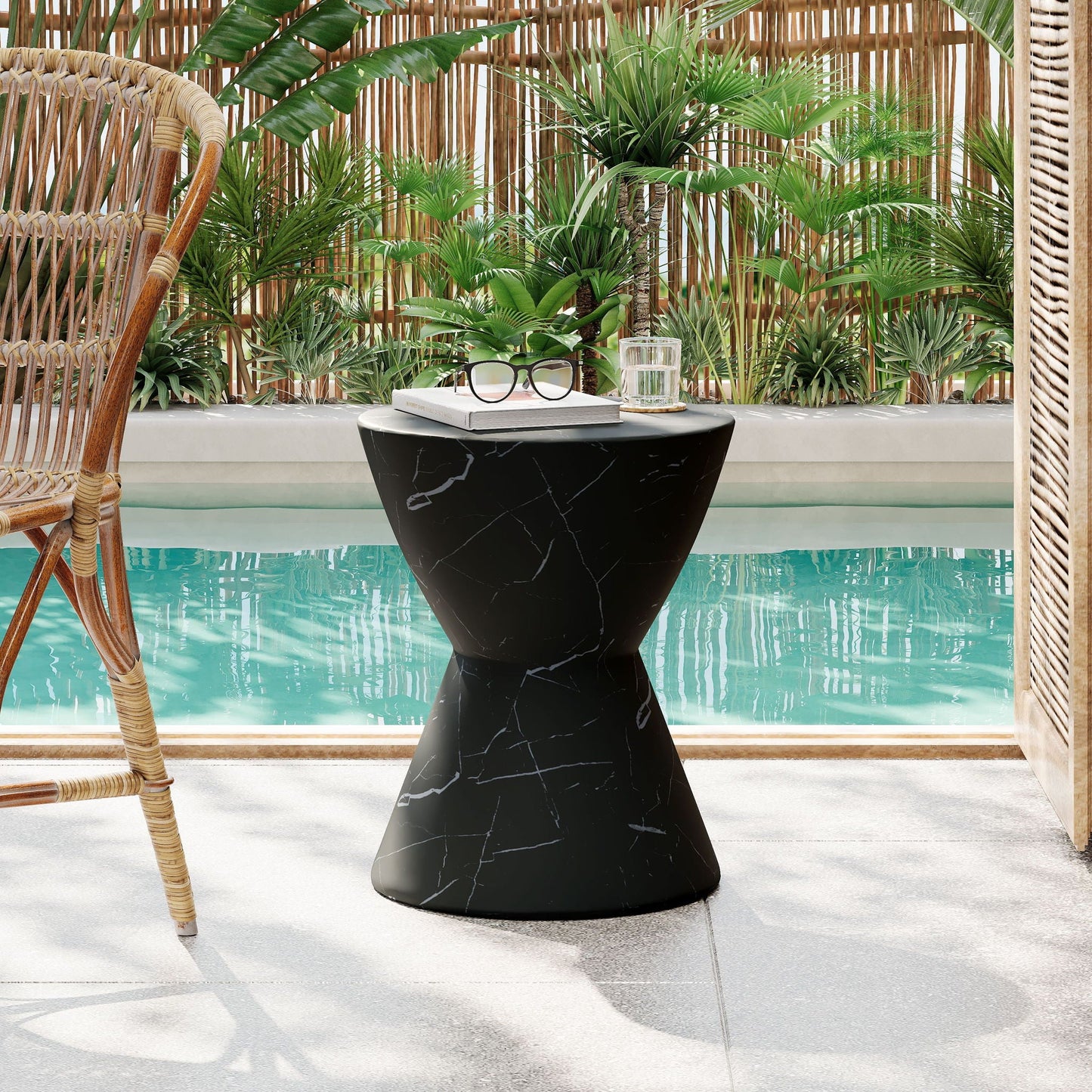 Outdoor Lightweight Concrete Side Table HouseOfZazla in black marble finish beside glasses on Tampa Home & Garden Store